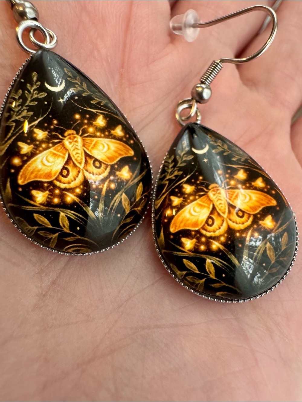 Vintage style  Golden Botanical Moth & Foliage Earrings Teardrop  1.75” drop